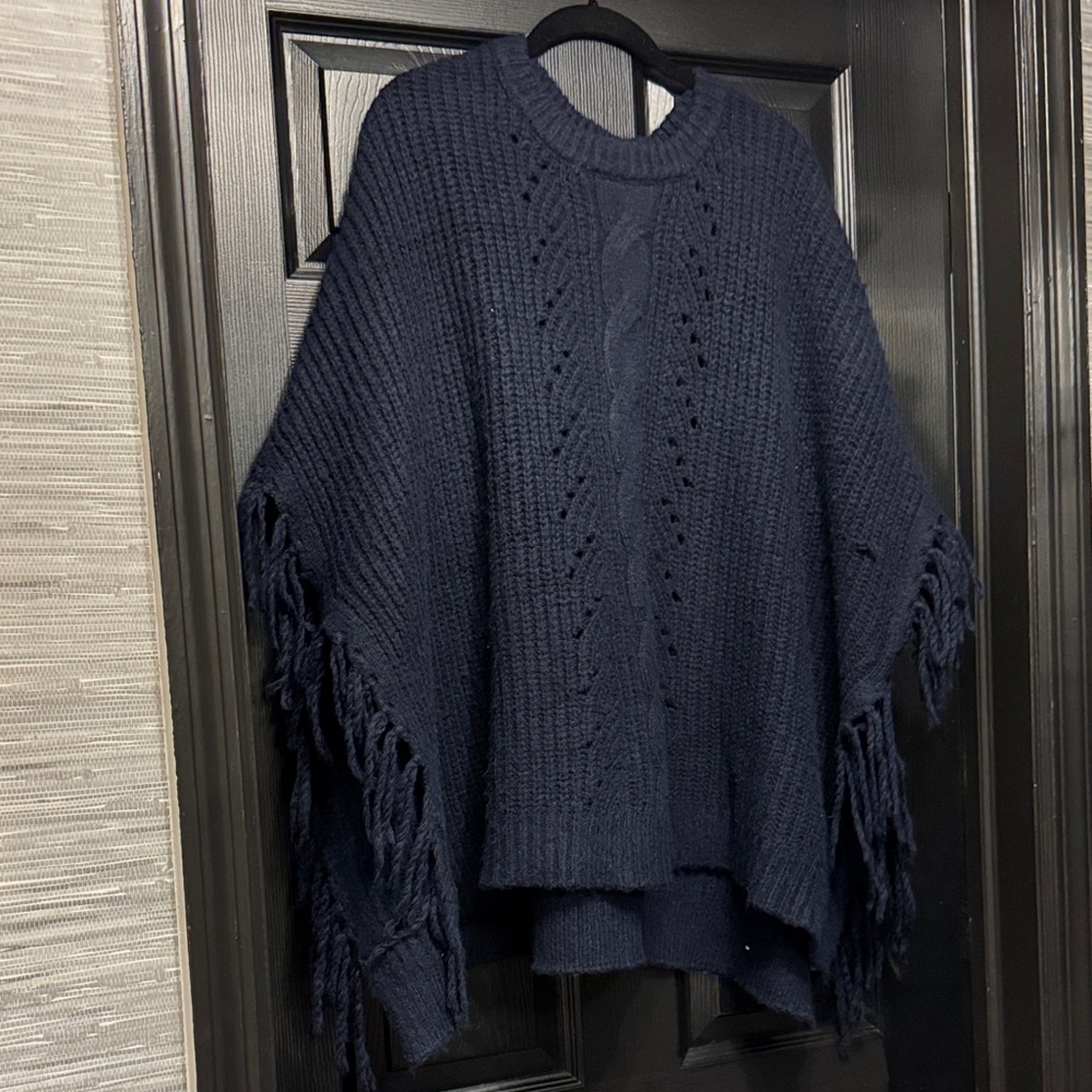 Wonderly Midnight Blue Knit Poncho with Tassels
